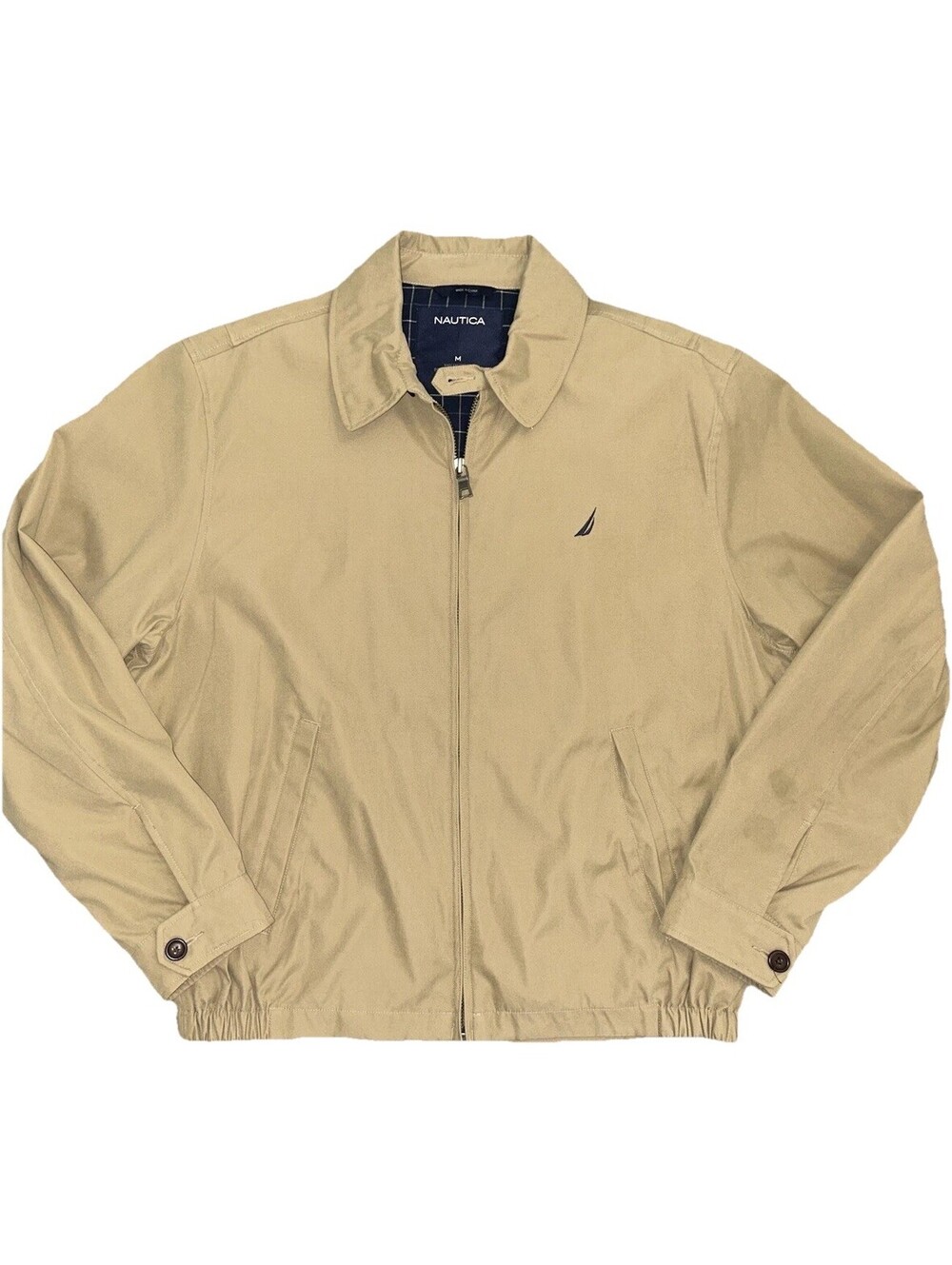 Vintage Nautica Size M Tan Full Zip Jacket Logo Elastic Lined Grandpa